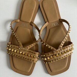 Zara Tan Gold Studded Sandals size 38